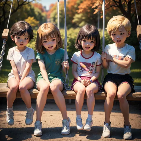 masterpiece、Top quality、(《K.O.Little Boxer》Chara:1.3)、Kids - sit on the swing、(swing:1.1)Open your mouth and smile、vitality、Autumn forest、Send to the sky、