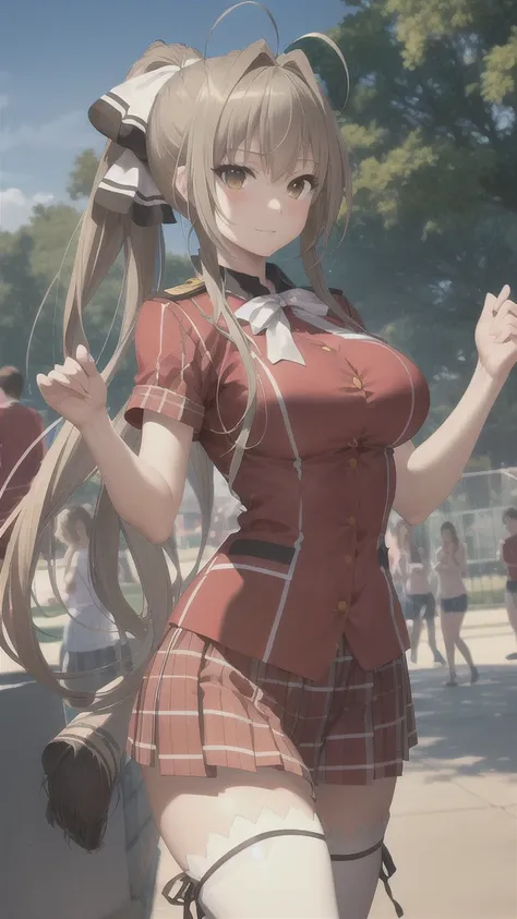 1 chica, sento isuzu, uniforme-isuzu, solo, de pie, feliz, parque de atracciones,   (ultra high resolution,mejor calidad),