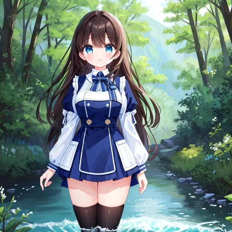 A Beautiful Young Girl, with (Long, Dark-Brown Hair), (Big Beautiful Blue Eyes), and an Incredibly Curvy Figure. Standing in the woods, with a small river in the background.   (((Best Quality))), ((Masterpiece)), ((Perfect Anatomy)), ((Perfect Hands)), ((A...