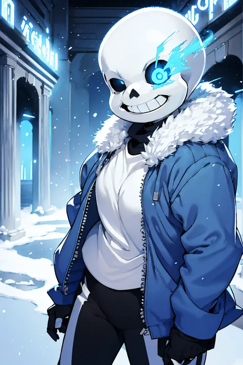 toby fox undertale sans blue jacket white shirt,fire eyes, skull, smile, white short hair, glowing sexy keel cannon, standing in...