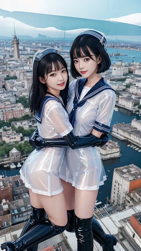 (masutepiece:1.0), (Best Quality:1.4), (A high resolution:1.2), (Photorealistic:1.4),(from above:1.5), (8K, Raw photo:1.2), (Soft Focus:1.4),BREAK,There is 2 girls wearing latex sailor  who is hugging each other and jumping to the sky and smiling and takin...