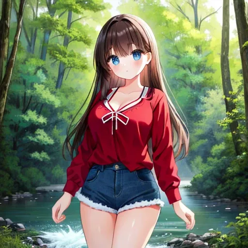 A Beautiful Young Girl, with (Long, Dark-Brown Hair), (Big Beautiful Blue Eyes), Overly Huge Breasts, and an Incredibly Curvy Figure. Standing in the woods, with a small river in the background. She’s wearing a (Red Shirt) Bug Cleavage, and Heavily Worn Je...