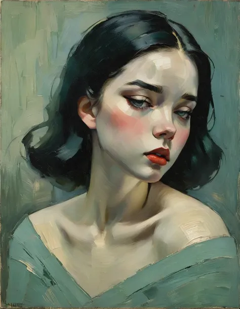 create an evocative oil painting inspired by malcolm liepke, based on the provided image. capture the intense, introspective exp...