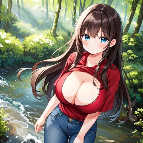 A Beautiful Young Girl, with (Long, Dark-Brown Hair), (Big Beautiful Blue Eyes), Extremely Enormous Breasts, and an Incredibly Thick Figure. Standing in the woods, with a small river in the background. She’s wearing a (Red Shirt) Big Cleavage, and Heavily ...