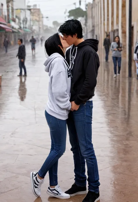 18-year-old white-skinned girl with black hair, a slim complexion with a somewhat large bust, a medium-sized, firm butt, wearing a sweatshirt and jeans in a plaza in Mexico in the rain, having a kiss with a white-skinned boy,  gordo, 17 years old 1.72m de ...