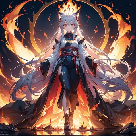 digital art, full body, masterpiece, best quality, in the center of the frame, 1girl, empress, imposing pose, ((casting a spell)) detailed face, super detailed glowing red eyes, ((glowin eyes:1.2)) long flowing silver hair, detailed hair, kitsune ears, ins...