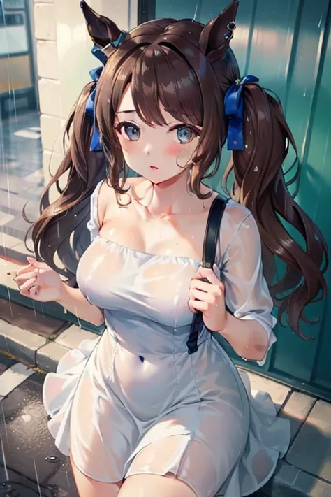 ((highest quality, 8k, masterpiece:1.3)), tosen jordan (umamusume) concentrated: 1.2, Perfect body beauty: 1.4, Hips: 1.2, (Wet clothes: 1.1), (rain, street:1.3), Silk bandeau dress: 1.1, 