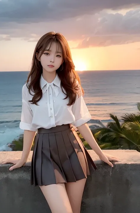 (highest quality, High resolution, Tabletop :1.3), (Shooting from below), Beautiful woman, Orange sunset sky, Sun and clouds with ocean in the background, Cute girl in uniform. Her hair is light brown、Medium bob style。. She wears a white blouse and pleated...