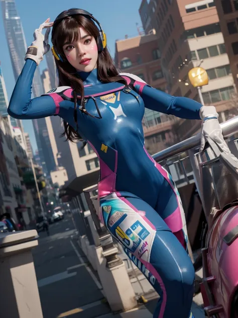 1girl, d.va (overwatch), solo, long hair, whisker markings, bodysuit, brown hair, facial mark, gloves, breasts, brown eyes, pilo...