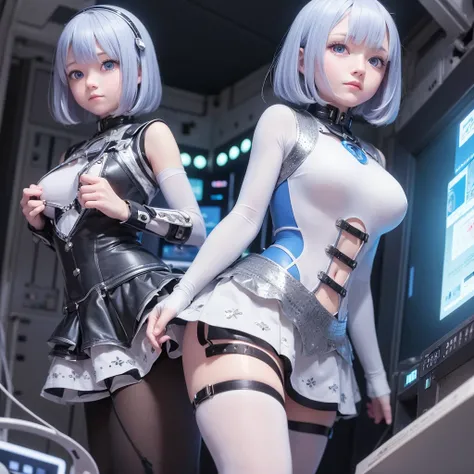 Very detailed、high resolution、8K、 Girl、18、round face、one person、Short Bob、D cup bust、hair ornaments、Symmetrical eyes、Blue Eyes、Smooth Skin、Future、Inside the spaceship、Control panel、Wall with monitors、illumination、Futureなドレス、Mini Dresini skirt、Wearing panty...