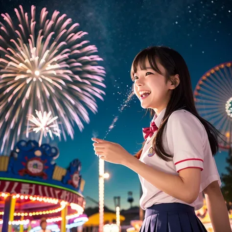 Laughter、high school girl、uniform、Short sleeve、amusement park、While setting off fireworks、Starry Sky、Aurora