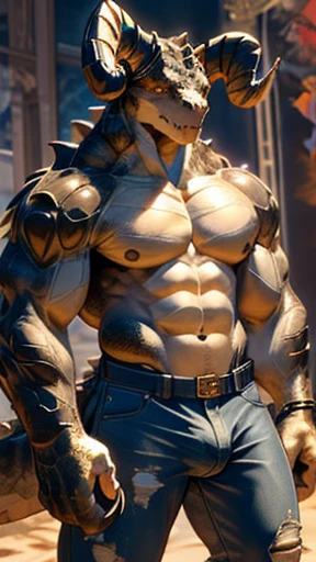 Deathclaw, muscular, dominant pose,  Bulge, shreed jeans