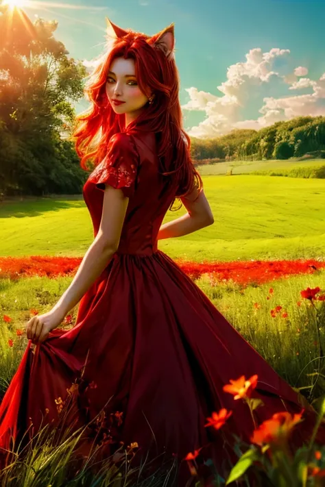 cat head body，red gorgeous dress，green grassland，sunlight，flowers