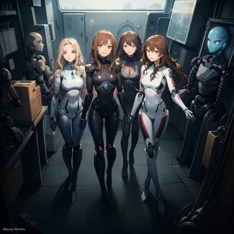 Multiple robot women, They all have the perfect human female face.., Everything except the face is mechanical.., Not everyone is dressed, Brown Hair, Wavy Hair, Hazel Eyes, Very detailed, smile, Everything except the face is mechanical.., They all have mec...