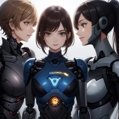 multiple robot women, they all have the perfect human female face.., everything except the face is mechanical.., not everyone is...