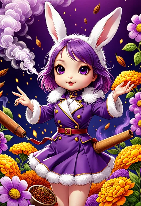 chibi, super-deformed rabbit-girl with fluffy fur, rendered in vibrant purple hues, nestled amongst blooms of varying spices on ...