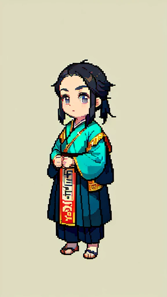 Old man in ancient Chinese costume、Wise Old Man、Looking into the camera、There is a short topknot on the head、Long sleeve、Hanfu、Black Hair、Standing and posing with arms crossed、part your bangs in the middle、Pixel art、(masterpiece, highest quality, highest q...