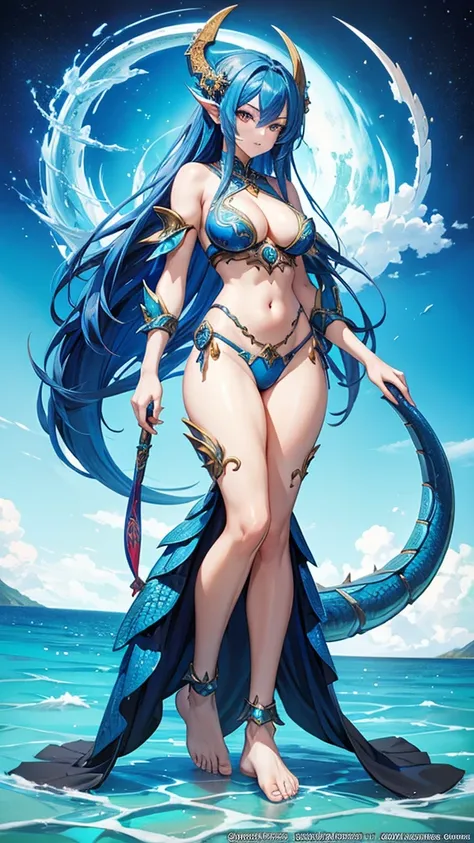 blue long hair woman，goddess,cleavage，Dragon Horn,blue dragon scales,Blue Dragon Tail,Thong,,barefoot,whole body，Standing，Ocean