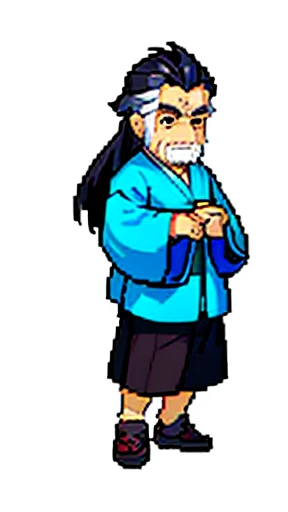 Old man in ancient Chinese costume、Wise Old Man、Looking into the camera、Her hair is tied up in a topknot.、Long sleeve、Hanfu、Black Hair、Standing and posing with arms crossed、Pixel art、(masterpiece, highest quality, highest quality), pixel,pixel art,whole bo...