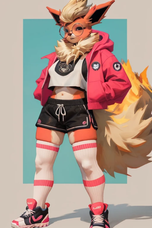 ((Flareon)), anthropomorphic, big breasts, big butt, pokemorph, (((1girl))), (((black cropped tank top))), (pink hoodie jacket), (pink thigh high socks), (black and pink gym short shorts), (pink sneakers), full body, cute and sexy, fiery red skin, (round g...