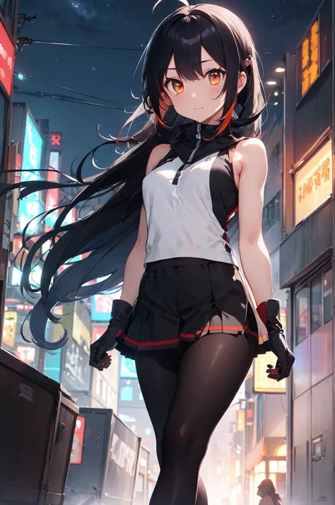 1girl,ahoge,bare shoulders,black gloves,black hair,breasts,elbow gloves,floating hair,gloves,hair ornament,long hair,looking at viewer,medium breasts,night,orange eyes,outdoors,partially fingerless gloves,sleeveless,sleeveless shirt,solo,v-shaped eyebrows,...