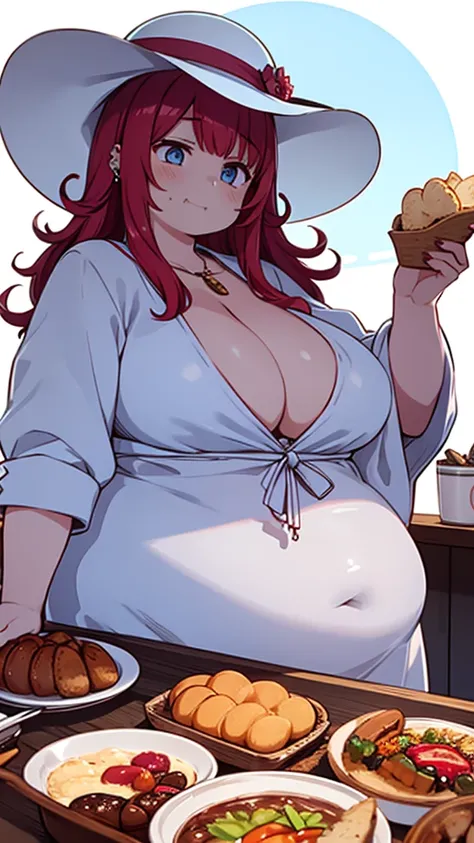 1girl, solo, Lalia from Craving Control, fat girl, long bright Red hair, piercing Blue eyes, big bosom, eating a buffet, simple bright light Blue dress, White Sun hat, long loose hair, no hair pin, cruise