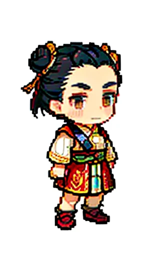 Old man in ancient Chinese costume、Wise Old Man、Looking into the camera、Her hair is tied up in a bun、Long sleeve、Hanfu、Black Hair、Standing and posing with arms crossed、Pixel art、(masterpiece, highest quality, highest quality), pixel,pixel art,whole body,Ch...