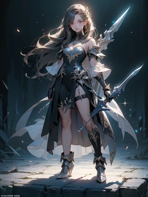 Design a layout showcase Gaming character, (1girl). Golden+Purle clothes, stylish and unique, ((showcase weapon:1.4)), magic staff, (masterpiece:1.2), (best quality), 4k, ultra-detailed, (Step by step design, layout art:1.5), (luminous lighting, atmospheri...