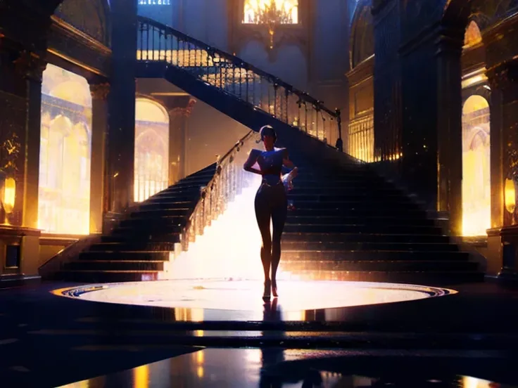 A beautiful woman, deeply sexy, dazzling, provocative, is descending a luxurious staircase in a mansion. Lights and shadows, topless, thin waist, long legs.