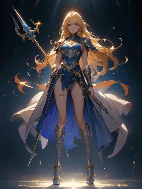 Design a layout showcase Gaming character, (1girl). Golden+Purle clothes, stylish and unique, ((showcase weapon:1.4)), magic staff, (masterpiece:1.2), (best quality), 4k, ultra-detailed, (Step by step design, layout art:1.5), (luminous lighting, atmospheri...