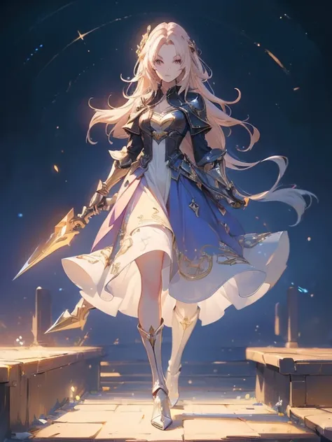 Design a layout showcase Gaming character, (1girl). Golden+Purle clothes, stylish and unique, ((showcase weapon:1.4)), magic staff, (masterpiece:1.2), (best quality), 4k, ultra-detailed, (Step by step design, layout art:1.5), (luminous lighting, atmospheri...