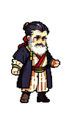 Old man in ancient Chinese costume、Wise Old Man、Looking into the camera、(Top-knot of a bun)、Long sleeve、Hanfu、Black Hair、Stand and pose、Pixel art、(masterpiece, highest quality, highest quality), pixel,pixel art,whole body,Characters in Romance of the Three...