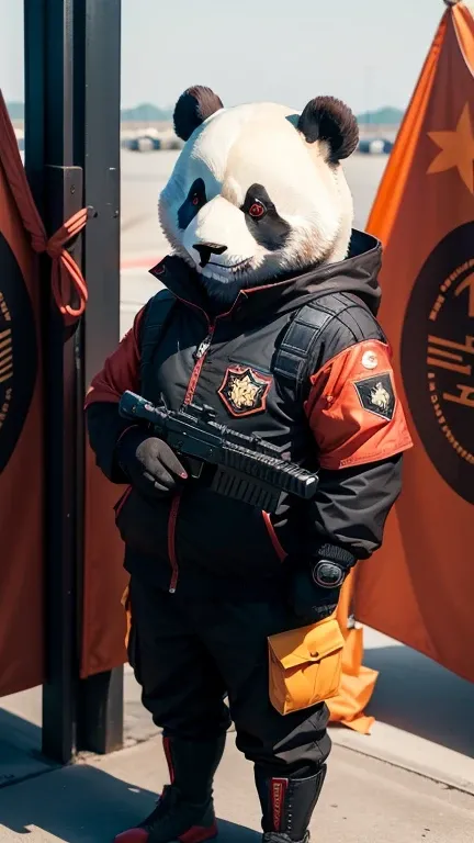 The panda is standing next to the J-20 plane，Wear Chinese anti-terrorist clothing，Armband Chinese five-star red flag detail，detail in face，With submachine guns，A J20 is flying in the air，HD8K