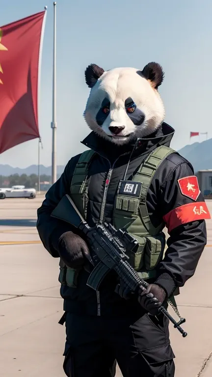 The panda is standing next to the J-20 plane，Wear Chinese anti-terrorist clothing，Armband Chinese five-star red flag detail，detail in face，With submachine guns，A J20 is flying in the air，HD8K