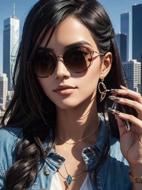 A woman with sunglasses and nail decorations is shown with a cityscape reflected in her glasses.