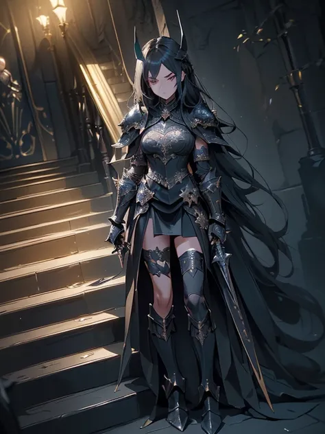 Design a layout showcase Gaming character, (1girl). Black+Gold clothes, opulent and dark, ((showcase weapon:1.4)), cursed blade, (masterpiece:1.2), (best quality), 4k, ultra-detailed, (Step by step design, layout art:1.5), (gloomy lighting, cursed atmosphe...