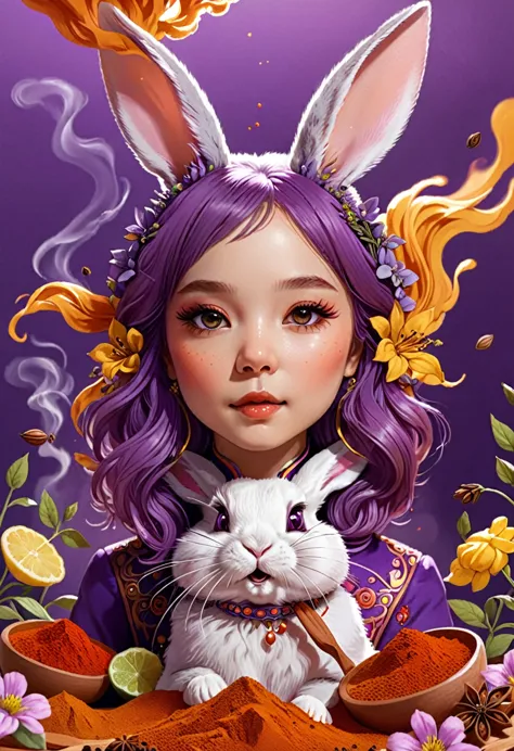 chibi, super-deformed rabbit-girl with fluffy fur, rendered in vibrant purple hues, nestled amongst blooms of varying spices on ...