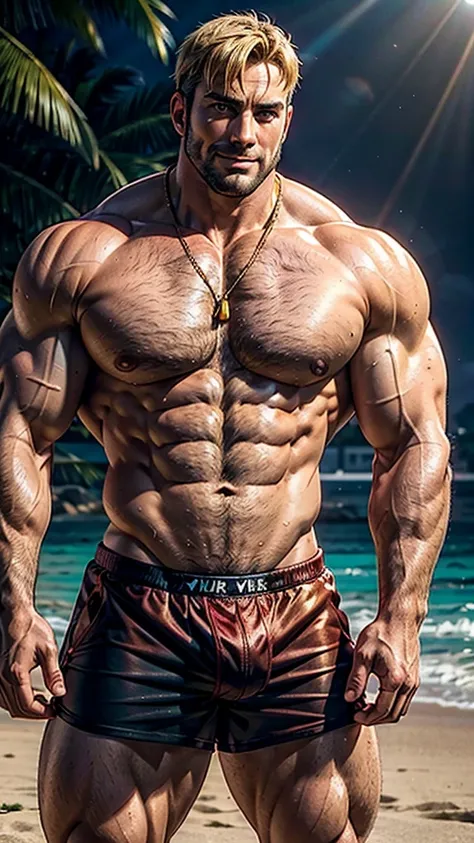 Ken Masters, beefy build, hefty, bodybuilder, muscle swelling, shirtless, beach underwear, very hot male, beefy pecs, hairy chest, six-pack ABS, hairy abdomen, hairy groin, small gold necklace, 3 meters tall bodybuilder, oversized biceps are 240 inches, wi...