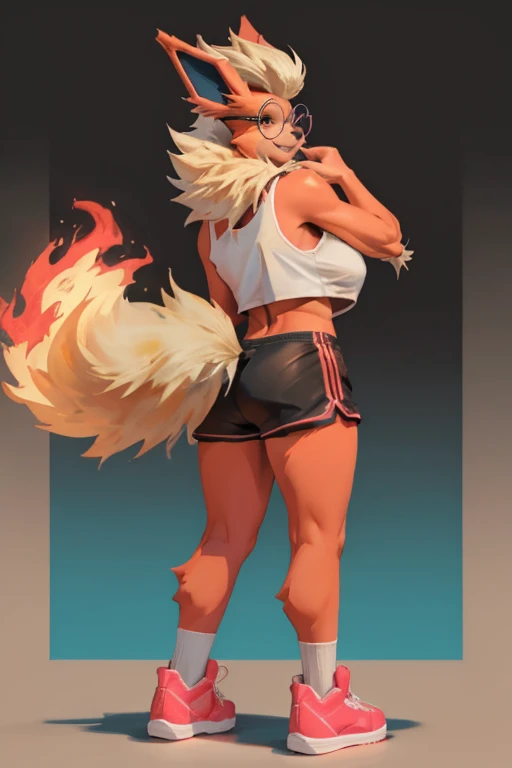 ((Flareon)), anthropomorphic, large breasts, big butt, pokemorph, (((1girl))), (((black cropped tank top))), (black and pink gym short shorts), (pink sneakers), full body, cute and sexy, fiery red skin, (round glasses), long slender legs, smiling