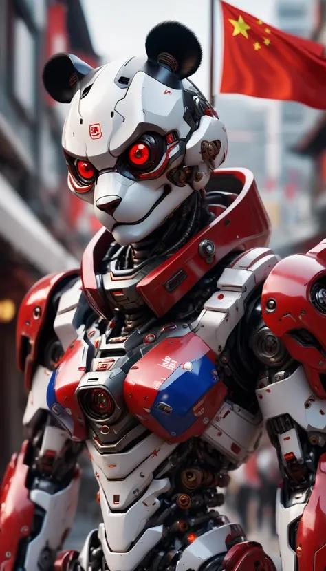 an ultra detailed, hiper realism, digital art, of a mecha panda, red eyes, with in an elegant China flag colors in your cyborg armor with mechanic parts and cyborg helmet , sci-fi armor, super detailed armor, carbon textures, ghost in the shell, deus ex, f...