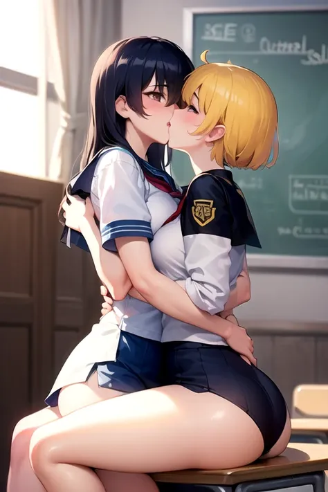 Lesbiana (cabello amarillo suelto  muy largo)(pechos grandes, muslos grandes)(con  ropa de uniforme escolar quede muy ajustada) que se este besando en el la  escuela con su novia,(pechos grandes, muslos grandes)amor lesbico