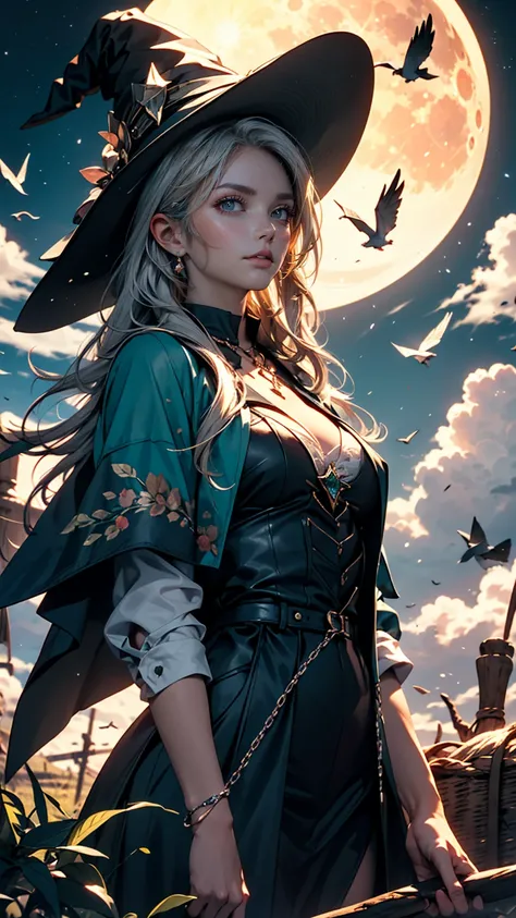 highest quality, Very detailed, masterpiece, Super detailed, cloud, witch_Have, Have, One girl, null, green_null,Day, length_hair, cloudy_null, moon,bird, alone, Silver_hair, witch, Outdoor 