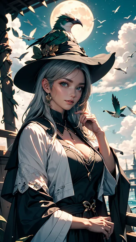 highest quality, Very detailed, masterpiece, Super detailed, cloud, witch_Have, Have, One girl, null, green_null,Day, length_hair, cloudy_null, moon,bird, alone, Silver_hair, witch, Outdoor 