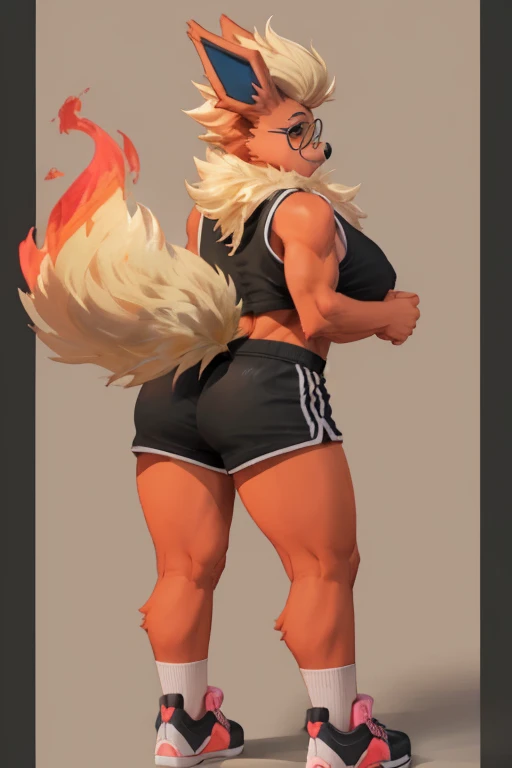 ((Flareon)), anthropomorphic, large breasts, big butt, pokemorph, (((1girl))), (((black cropped tank top))), (black and pink gym short shorts), (pink sneakers), full body, cute and sexy, fiery red skin, (round glasses), long slender legs, smiling