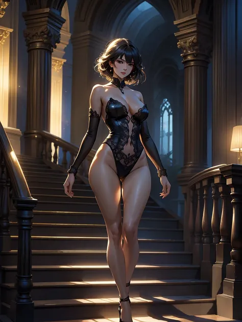 A beautiful woman, deeply sexy, stunning, provocative, large and round breasts, topless, thin waist, long legs, descends a luxurious staircase of a mansion. Lights and shadows, detailed, cinematic light.
