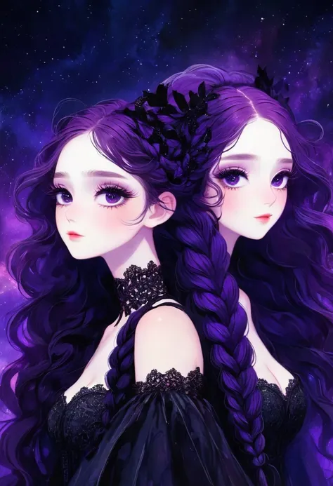 rough texture，Hand drawn style：A couple standing back to back，Fractal Art，yinji，Purple Hair，Purple Eyes，Long hair，(Double braid)，Gradient hair，Gothic style clothing，Lace，Dark Fantasy，Dramatic lighting，cinematic composition, ，Theatrical atmosphere，Chiaroscu...