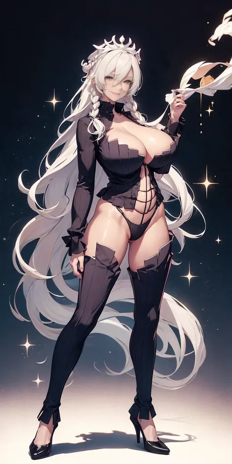 (masterpiece, HI quality: 1.1) 1girl full body standing good face, nice ass, hairstyle: braid, Color Hair: long hair, Blindfolded: NO EYES, Skin: White (porcelain skin, sparkly skin), muscular, thighs, Mature woman, Abs, looks at the viewer smiling, extrem...