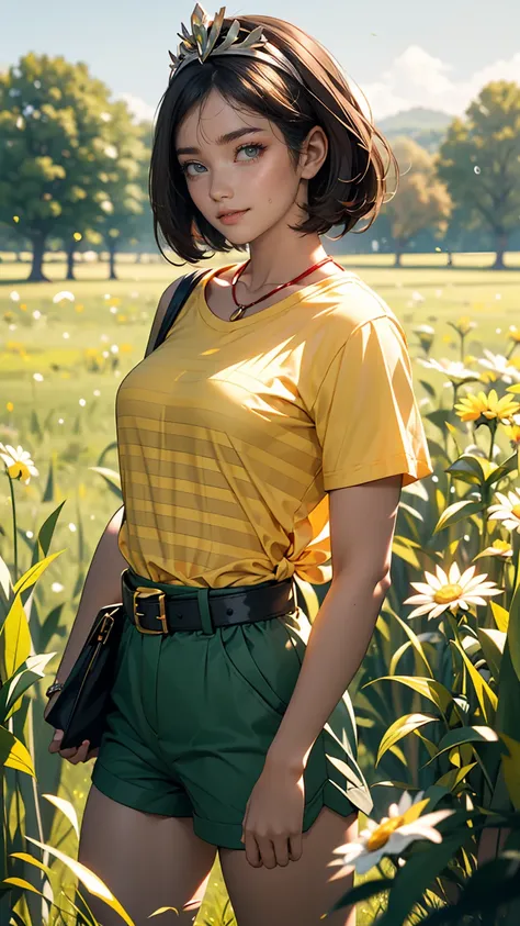 masterpiece, highest quality, High resolution, Calm 1, 1 girl, Calm 1, 1 girl, Calm (Pokemon), alone, Grey Eyes, Black Hair, green Shorts, Red Tiara, shirt, tied shirt,, short hair, Short sleeve, Shorts, stripe, yellow shirt, belt, Middle class shooting, G...