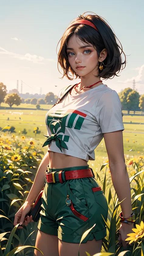 masterpiece, highest quality, High resolution, Calm 1, 1 girl, Calm 1, 1 girl, Calm (Pokemon), alone, Grey Eyes, Black Hair, green Shorts, Red Tiara, shirt, tied shirt,, short hair, Short sleeve, Shorts, stripe, yellow shirt, belt, Middle class shooting, G...