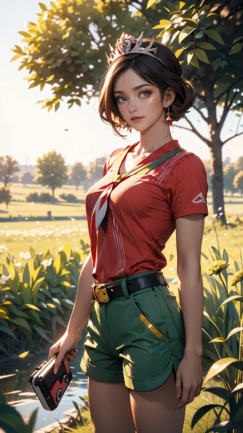 masterpiece, highest quality, High resolution, Calm 1, 1 girl, Calm 1, 1 girl, Calm (Pokemon), alone, Grey Eyes, Black Hair, green Shorts, Red Tiara, shirt, tied shirt,, short hair, Short sleeve, Shorts, stripe, yellow shirt, belt, Middle class shooting, G...